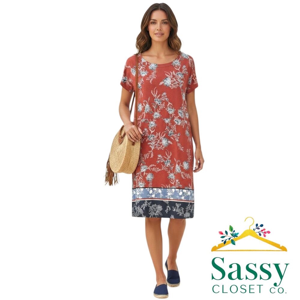 J.Jill Wearever Red Floral Border Hem Dress M Medium Tall Spandex Pocket Knit